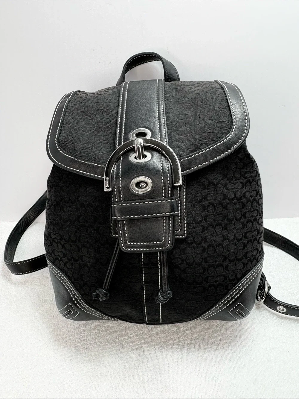 Coach Black Signature Canvas Backpack with Leather Trim